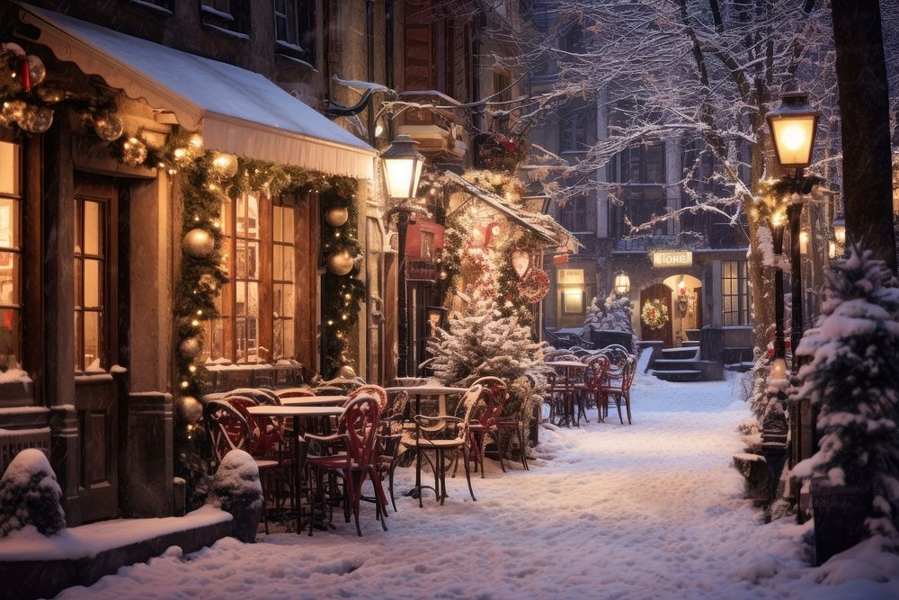 Snowy sidewalk christmas restaurant outdoors. AI generated Image by rawpixel.