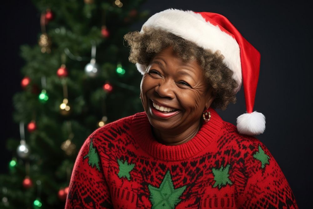 Senior african american woman christmas laughing sweater. AI generated Image by rawpixel.