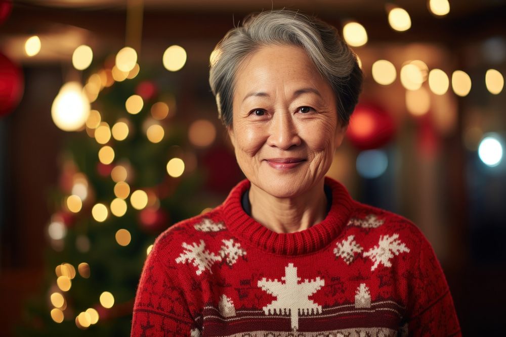 Senior asian american woman christmas sweater smile. AI generated Image by rawpixel.