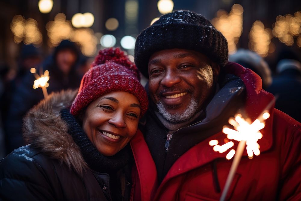 Couple holding sparklers christmas laughing portrait. AI generated Image by rawpixel.