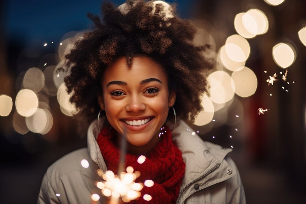 Woman holding sparkler decoration christmas scarf. AI generated Image by rawpixel.