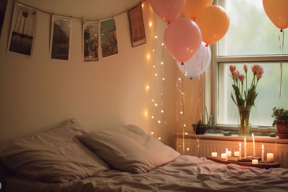 Happy birth furniture balloon bedroom. AI generated Image by rawpixel.