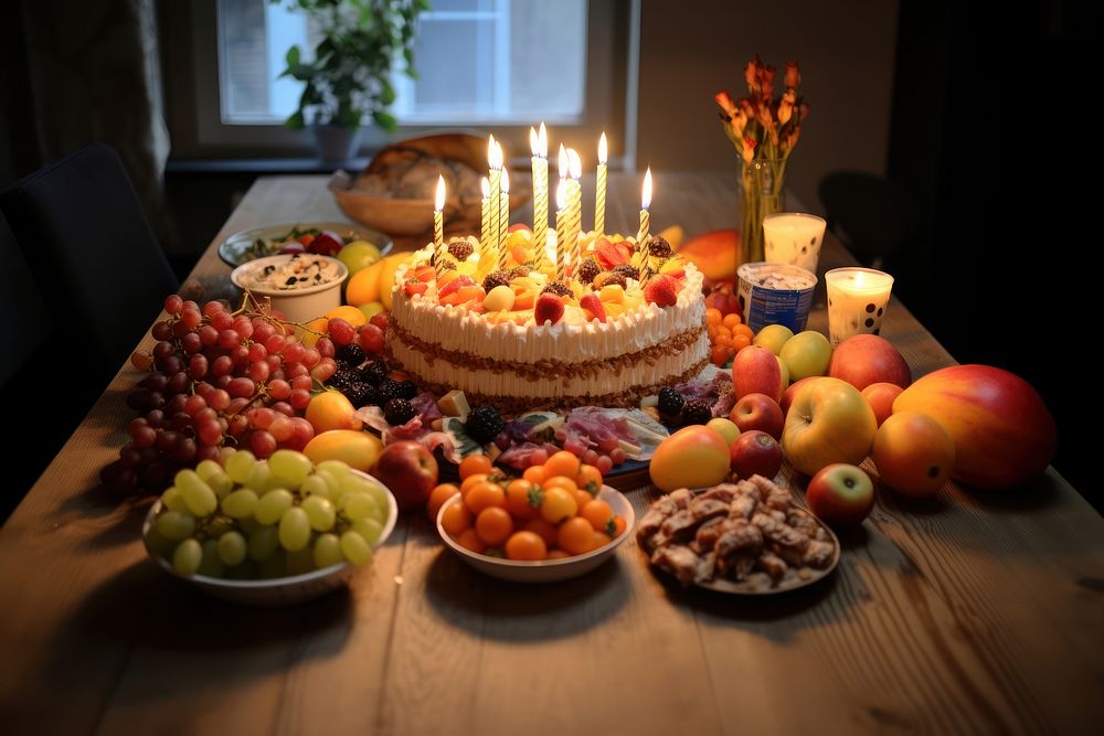 Foods table birthday dessert. 