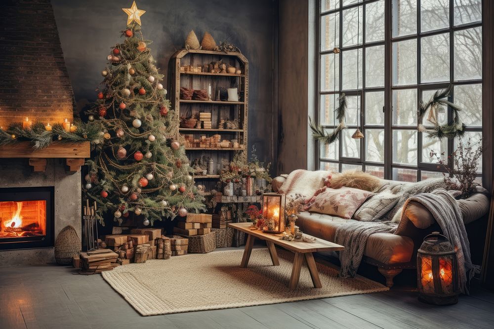 Bohemian style living room christmas decoration fireplace. AI generated Image by rawpixel.