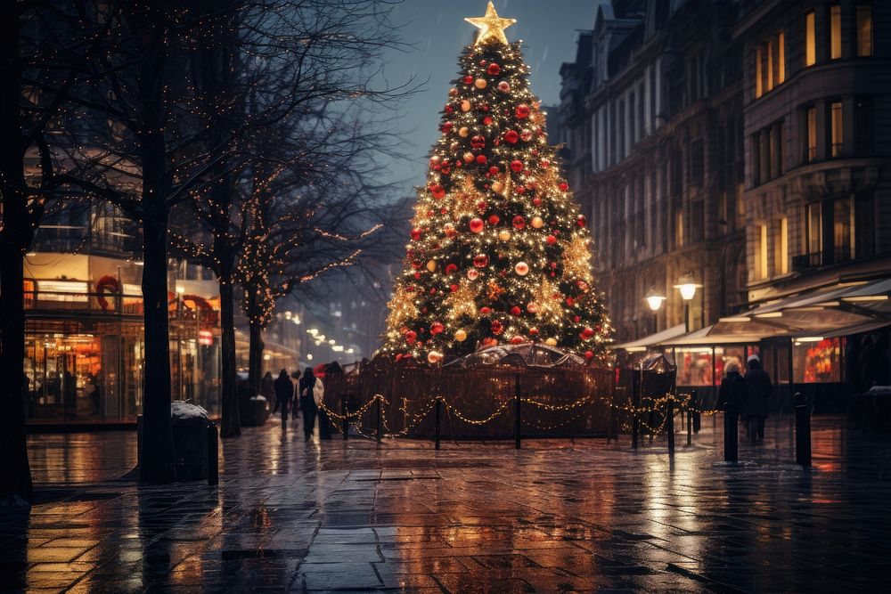 Christmas tree outside night city architecture. AI generated Image by rawpixel.