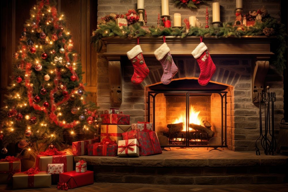 Christmas tree fireplace glowing hearth. | Free Photo - rawpixel