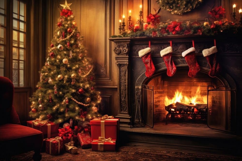 Christmas tree fireplace glowing hearth. AI generated Image by rawpixel.