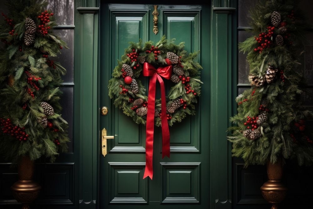 Christmas wreath plant door architecture. AI generated Image by rawpixel.