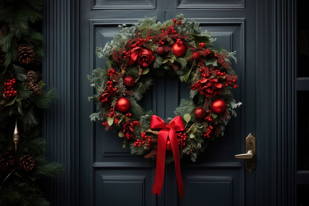 Christmas wreath door illuminated celebration. AI generated Image by rawpixel.