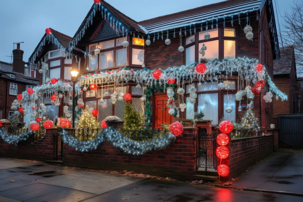 Christmas decorated terraced houses architecture illuminated celebration. AI generated Image by rawpixel.