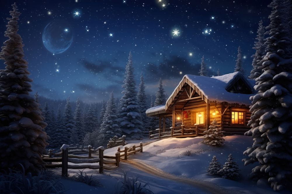 Cozy log cabin architecture astronomy christmas. AI generated Image by rawpixel.