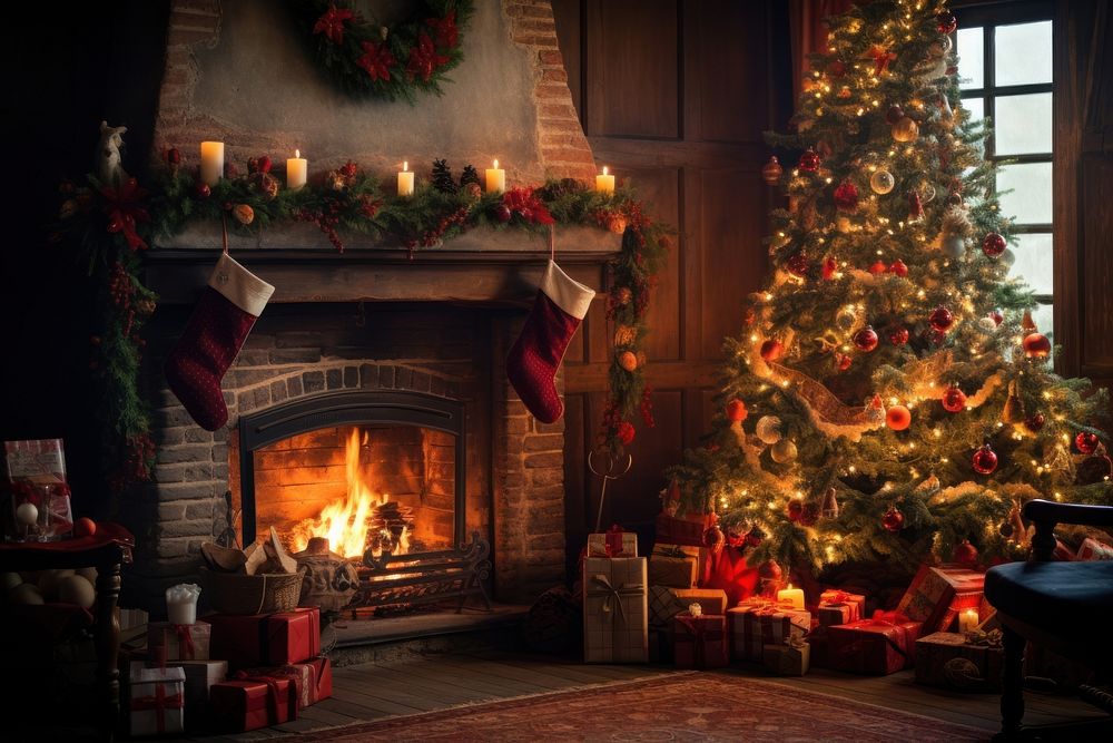 Decorated christmas tree fireplace hearth anticipation. AI generated Image by rawpixel.