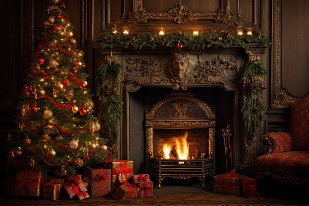 Decorated christmas tree fireplace hearth | Premium Photo - rawpixel