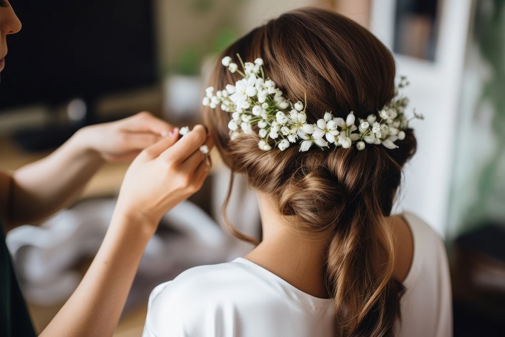 Elegant hairstyle flower dress bride. AI generated Image by rawpixel.