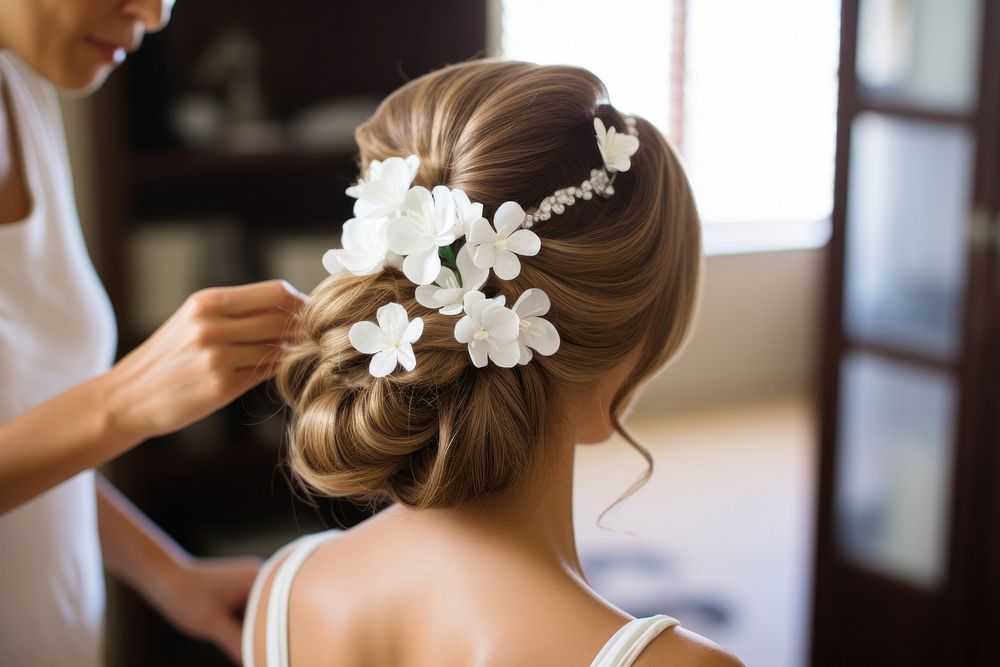 Elegant hairstyle flower dress bride. AI generated Image by rawpixel.