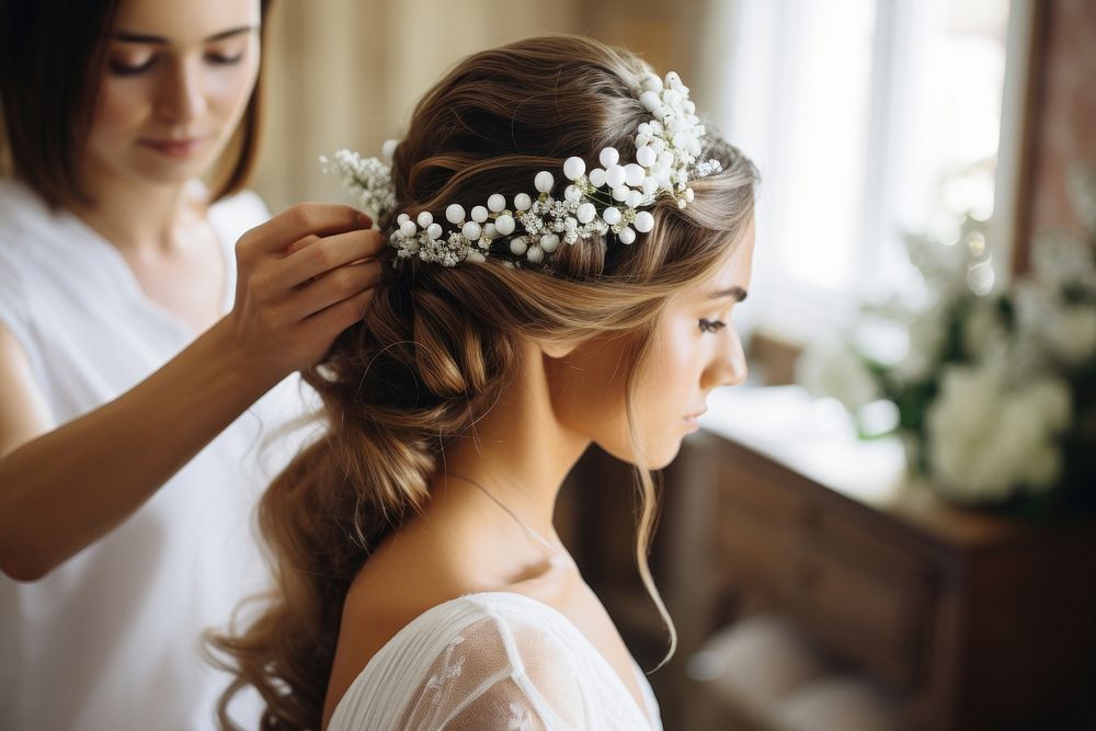 Elegant hairstyle bride wedding flower. AI generated Image by rawpixel.