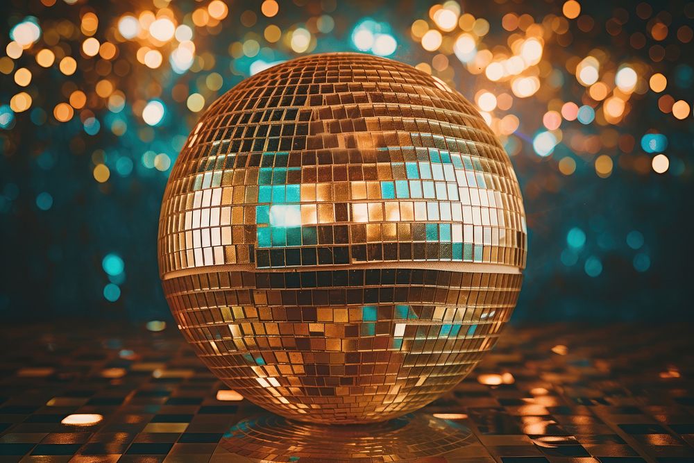 Gold disco ball lighting sphere illuminated. AI generated Image by rawpixel.