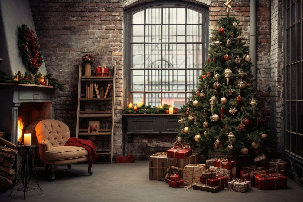 Decorated christmas tree fireplace furniture chair. AI generated Image by rawpixel.