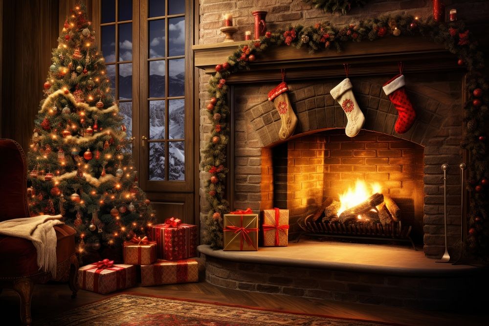 Fireplace christmas hearth tree. AI generated Image by rawpixel.