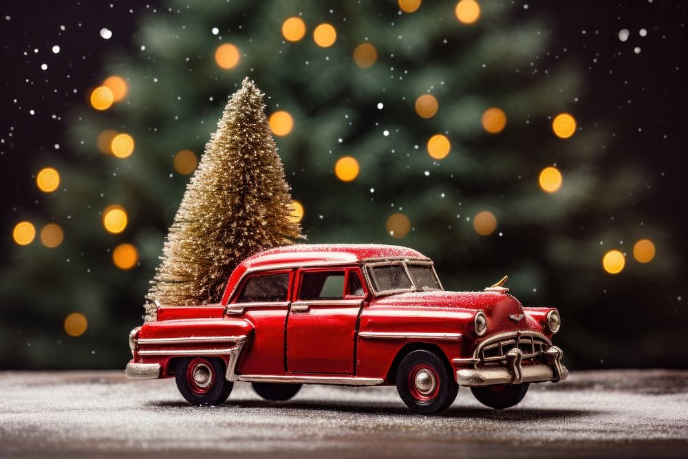 Retro red car carrying christmas tree vehicle night transportation. AI generated Image by rawpixel.