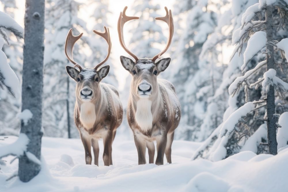 Two reindeer wildlife animal mammal. AI generated Image by rawpixel.