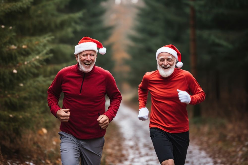 Two senior men jogging christmas running forest. AI generated Image by rawpixel.