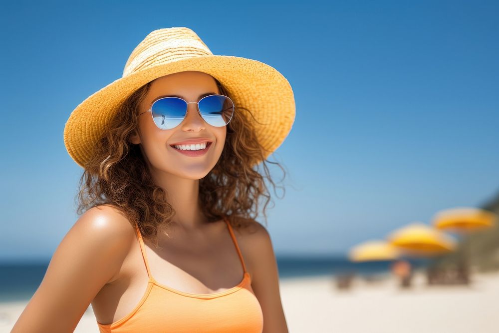 Applying sunscreen cream summer beach smile