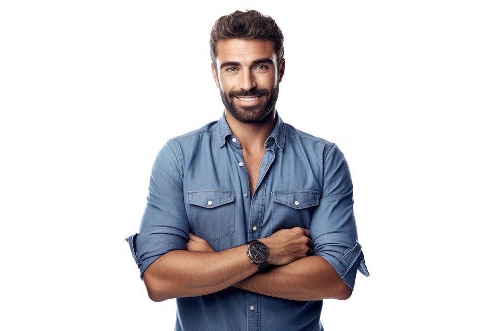 Man dressed in casual denim shirt portrait sleeve adult. AI generated Image by rawpixel.