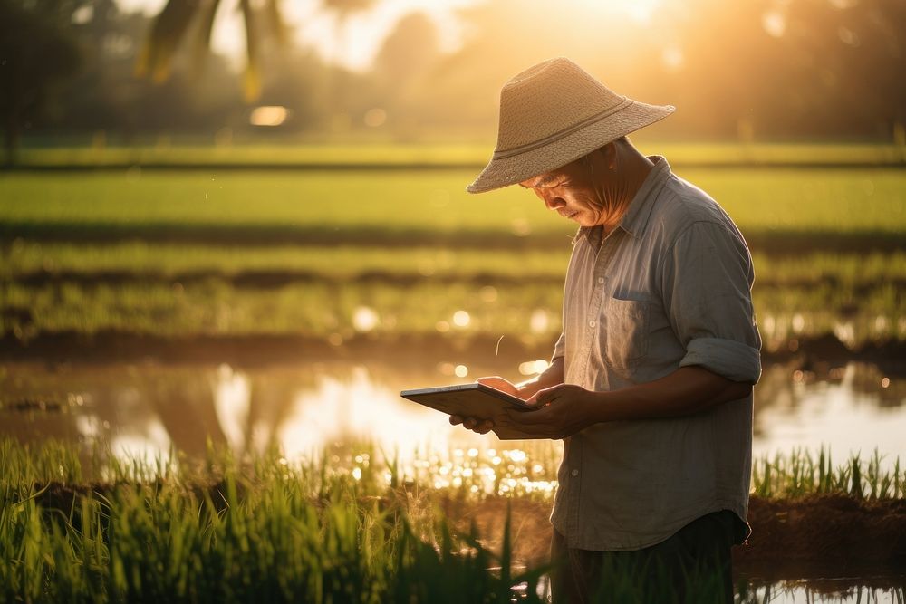 Farmer in a rice field using a digital tablet nature outdoors reading. AI generated Image by rawpixel.