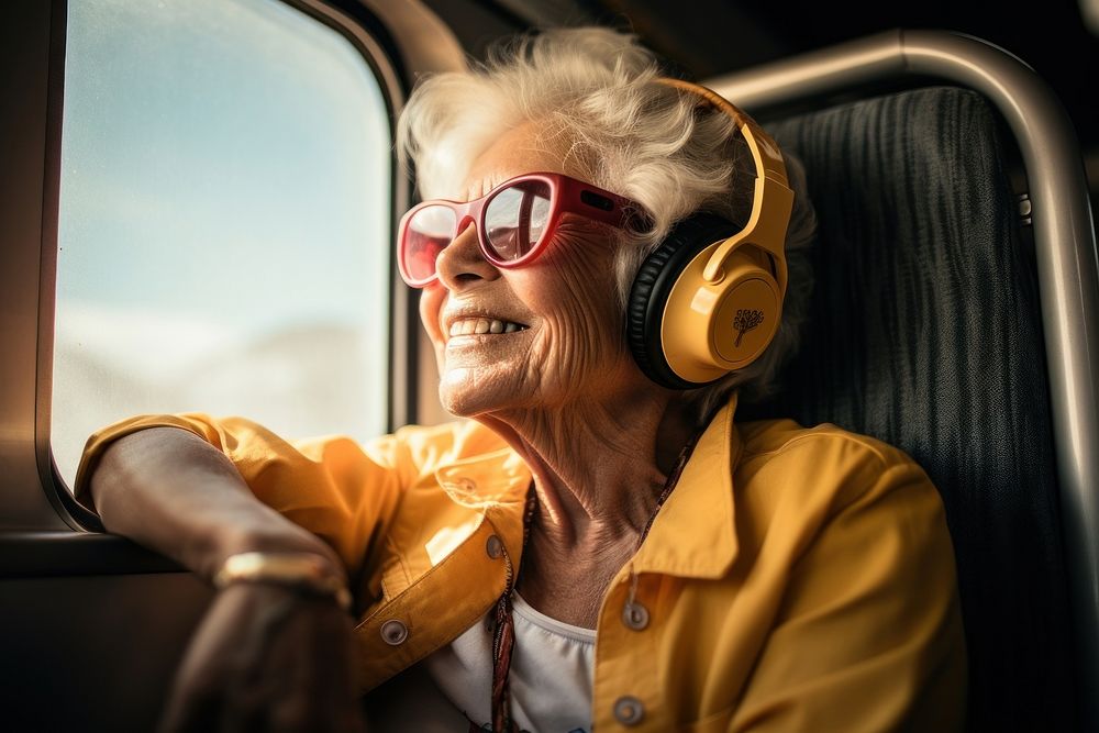 Woman sitting on a train headphones glasses adult. AI generated Image by rawpixel.