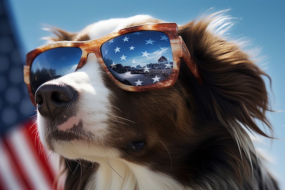 A dog wearing sunglasses and an american flag photography mammal animal. AI generated Image by rawpixel.