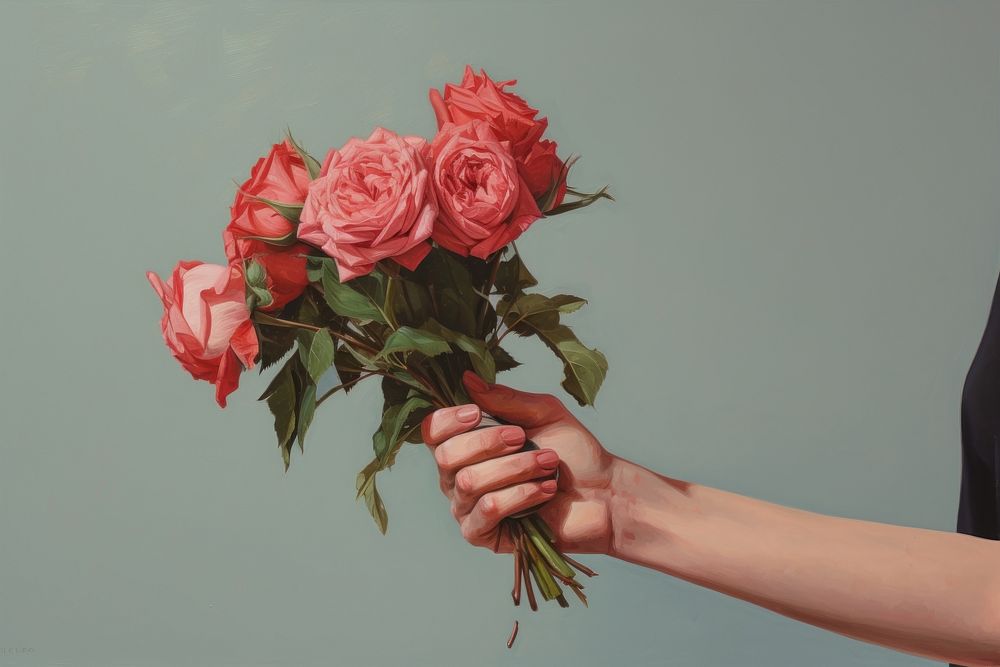Hand holding red rose bouquet painting flower plant. AI generated Image by rawpixel.
