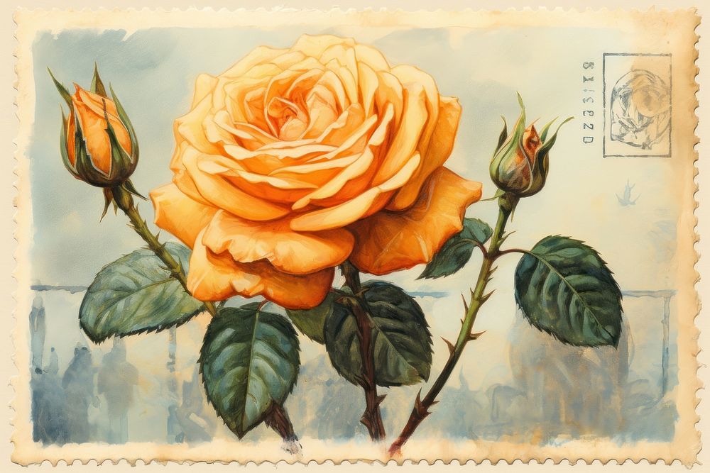 Orange rose postage stamp painting flower plant. AI generated Image by rawpixel.