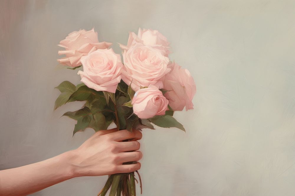 Hand holding pink rose bouquet painting flower plant. AI generated Image by rawpixel.