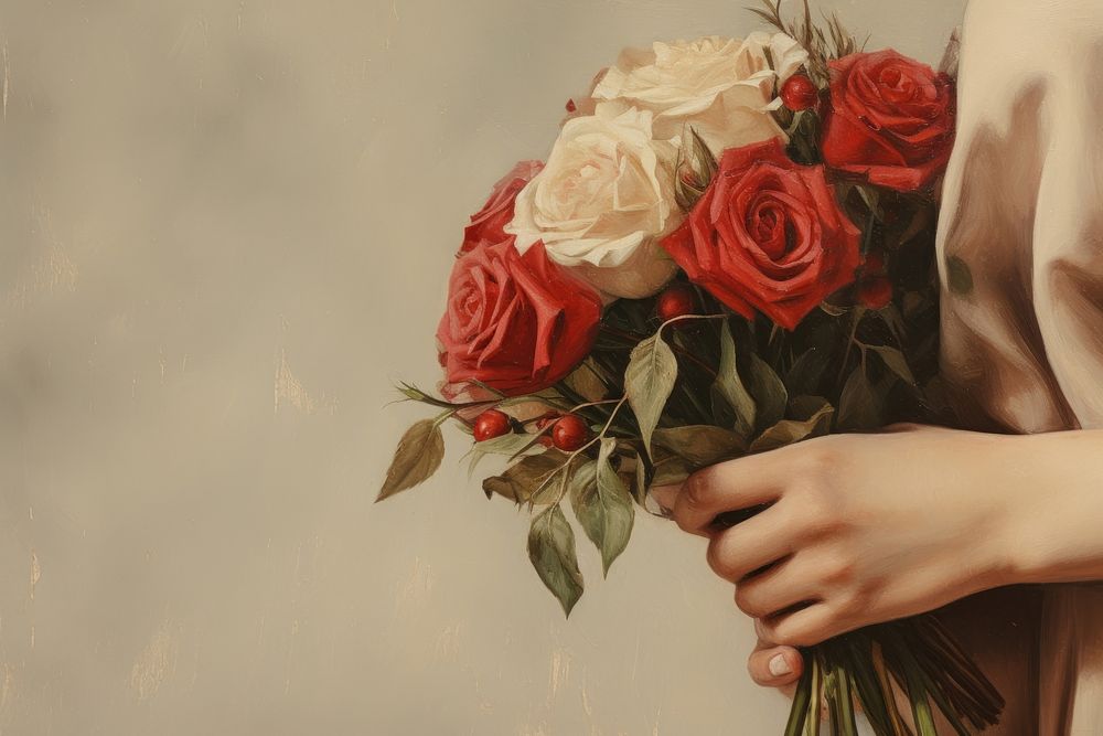 Hand holding red rose bouquet flower plant midsection. AI generated Image by rawpixel.
