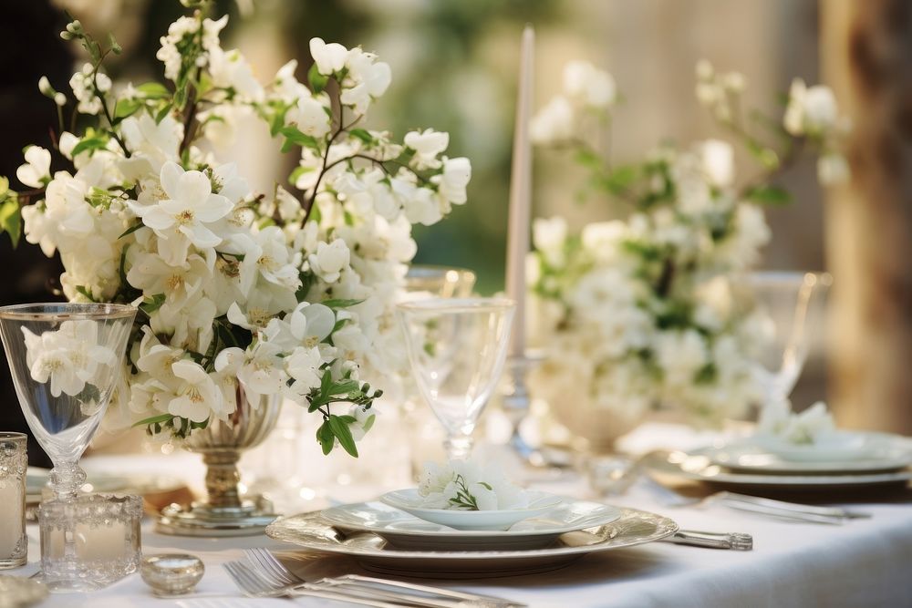 Outdoor table flower setting wedding. AI generated Image by rawpixel.