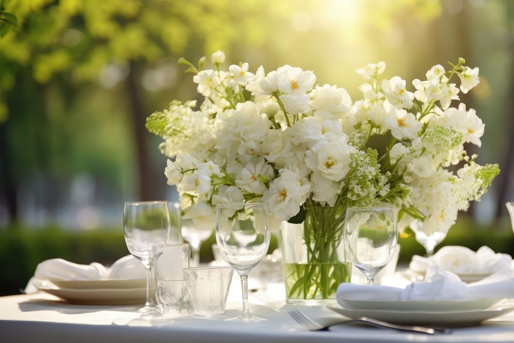 Outdoor table flower outdoors setting. AI generated Image by rawpixel.