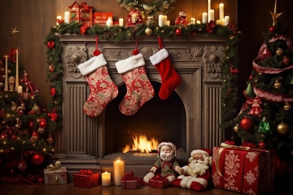 Christmas stocking christmas fireplace gift. AI generated Image by rawpixel.
