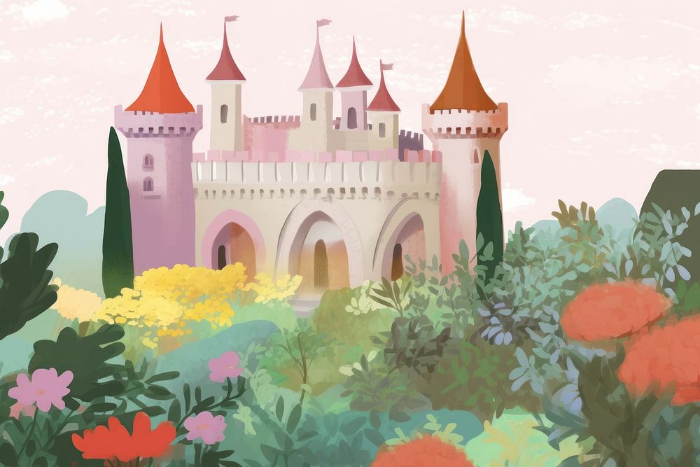 Castle garden architecture building painting. AI generated Image by rawpixel.
