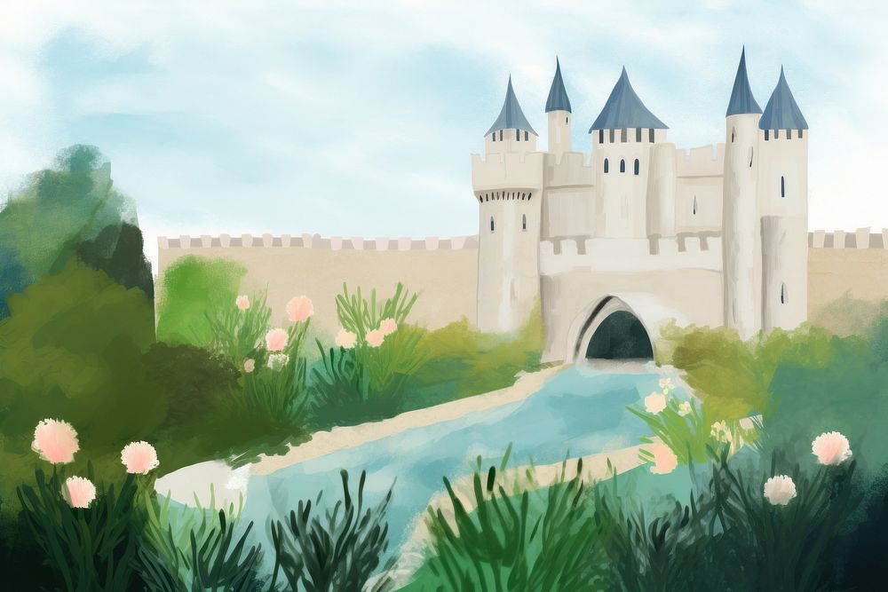 Castle garden architecture building painting. AI generated Image by rawpixel.