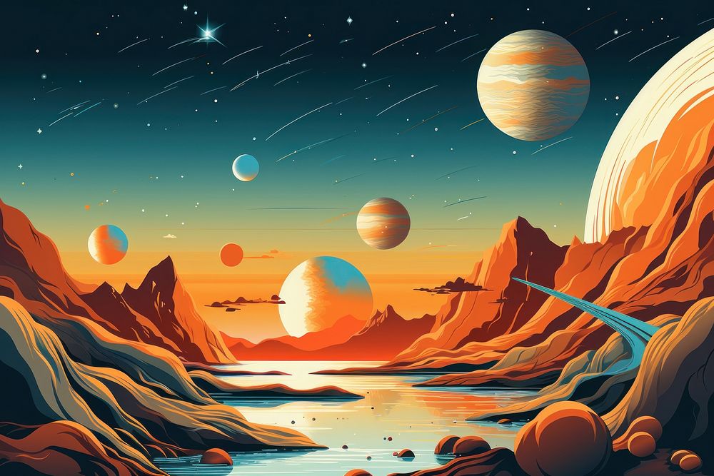 Retro space landscape astronomy. AI generated Image by rawpixel.