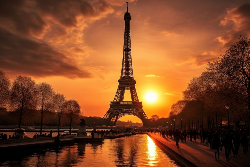 Majestic Eiffel Tower silhouette back lit tower architecture building. AI generated Image by rawpixel.