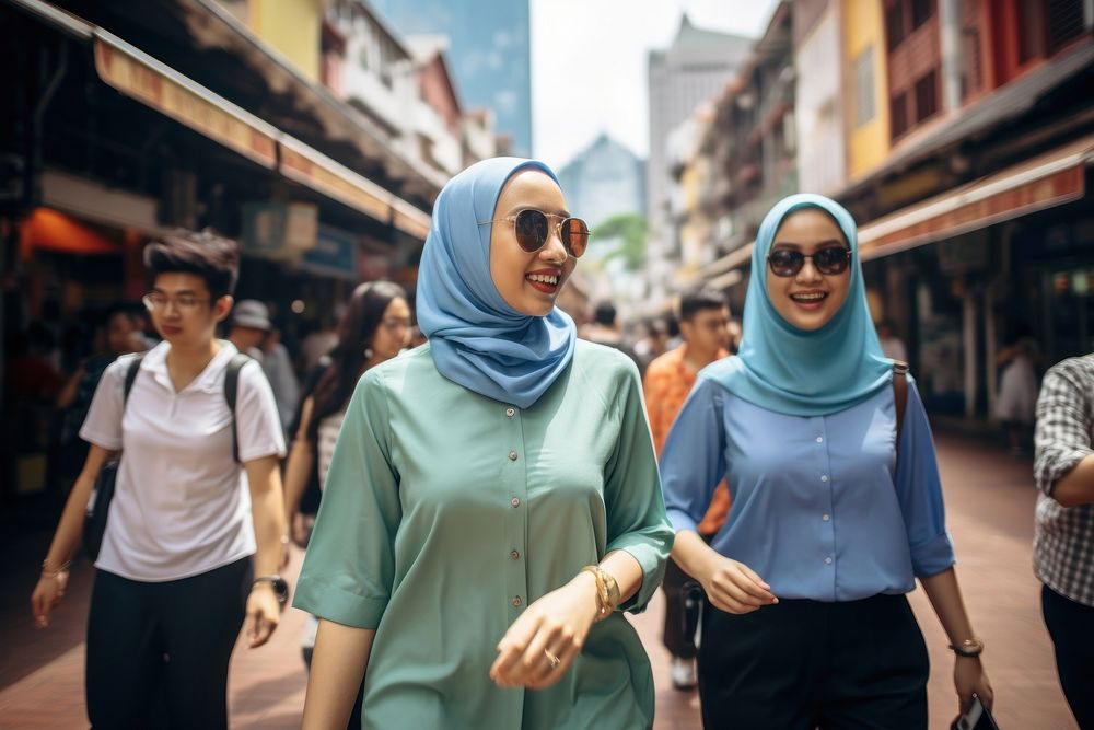 Young female muslim tourists glasses walking street. AI generated Image by rawpixel.