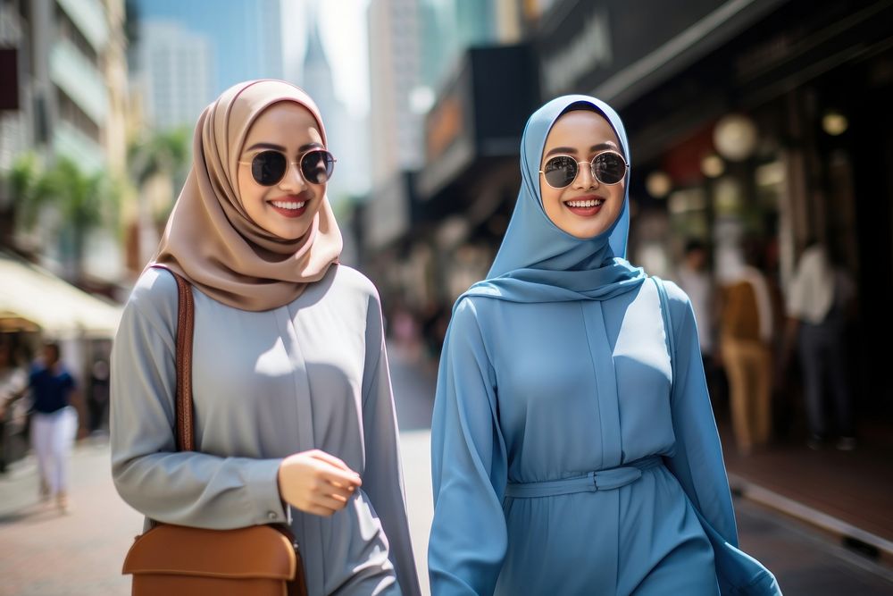 Two young Kuala Lumpur woman street city blue. AI generated Image by rawpixel.