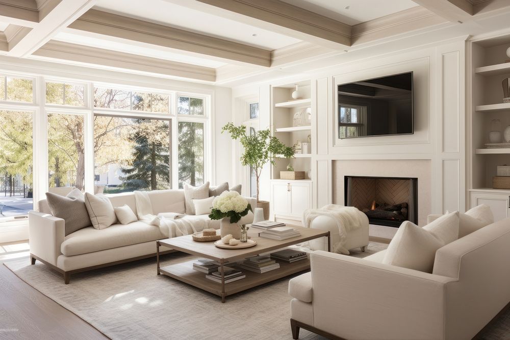 White living room architecture furniture fireplace. AI generated Image by rawpixel.