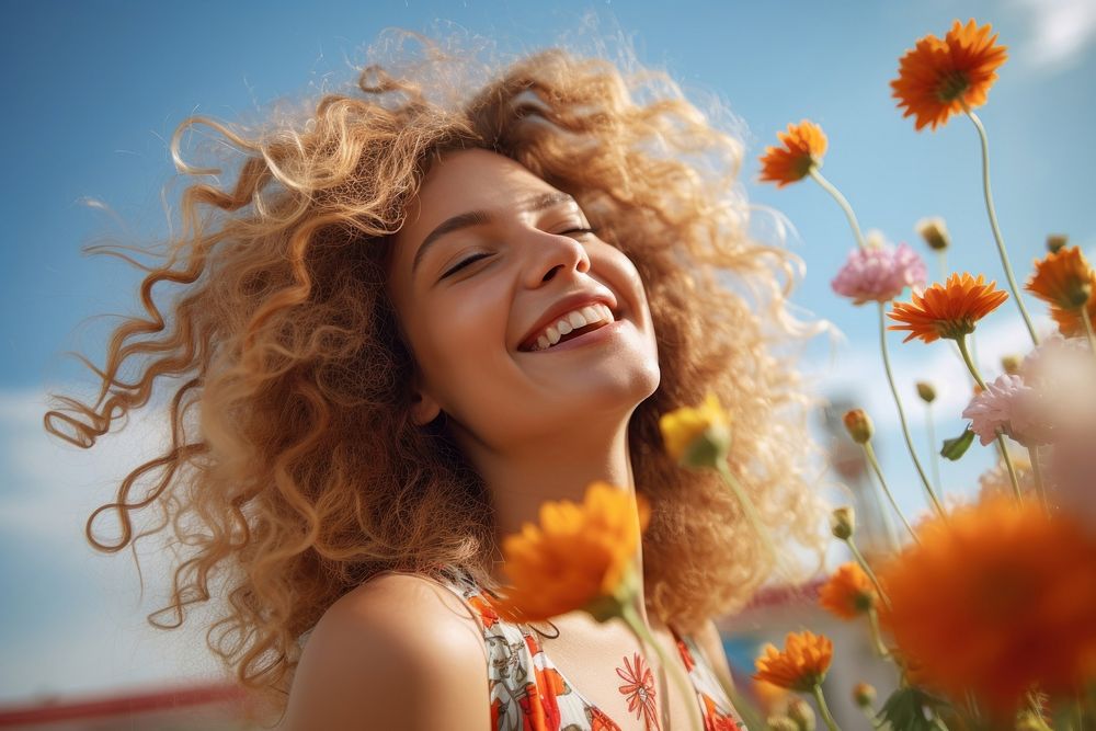Woman a happy and smiling Face flower laughing summer. AI generated Image by rawpixel.
