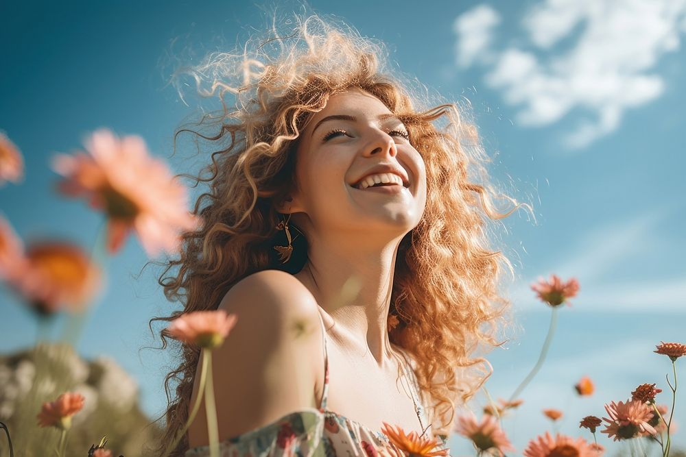 Woman a happy and smiling Face laughing summer flower. AI generated Image by rawpixel.