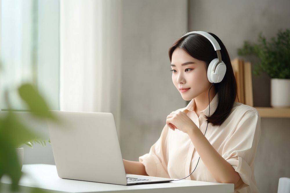 Woman wearing headset computer laptop headphones. AI generated Image by rawpixel.