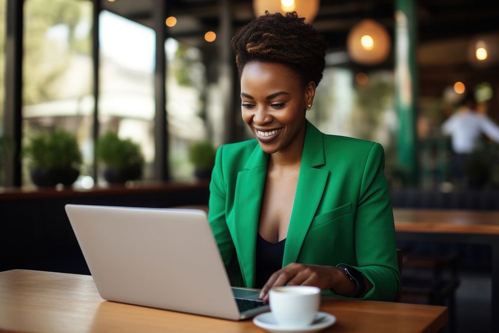 Black business woman coffee computer working. AI generated Image by rawpixel.