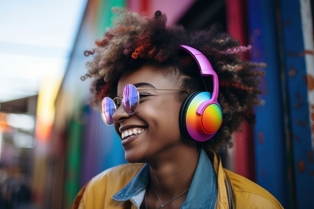 Headphones glasses headset smile. AI generated Image by rawpixel.